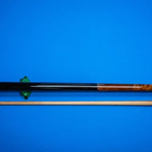 Full view of the handcrafted Lord of the Rings pool cue made with amboyna burl and ebony