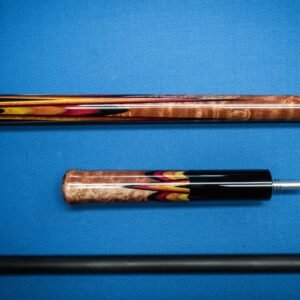 Custom Sunset Jump Cue by Kaine Cues featuring ebony and maple burl wood with a carbon fiber shaft.