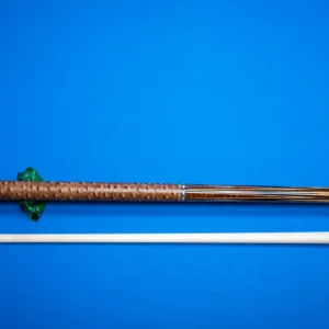 Full view of the handcrafted Snake pool cue featuring mun ebony and a quilted maple front